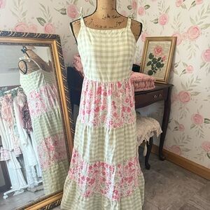 Green Gingham & Pink Floral Print Maxi Dress